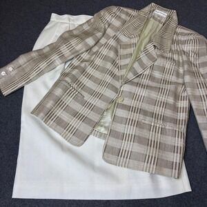 Barry Bricken Vintage Plaid Blazer and Skirt Set Neutral Ivory Tan Size 10 12